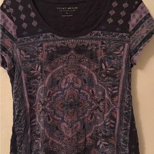 Lucky Brand Women's Black and Purple Short Sleeve Top